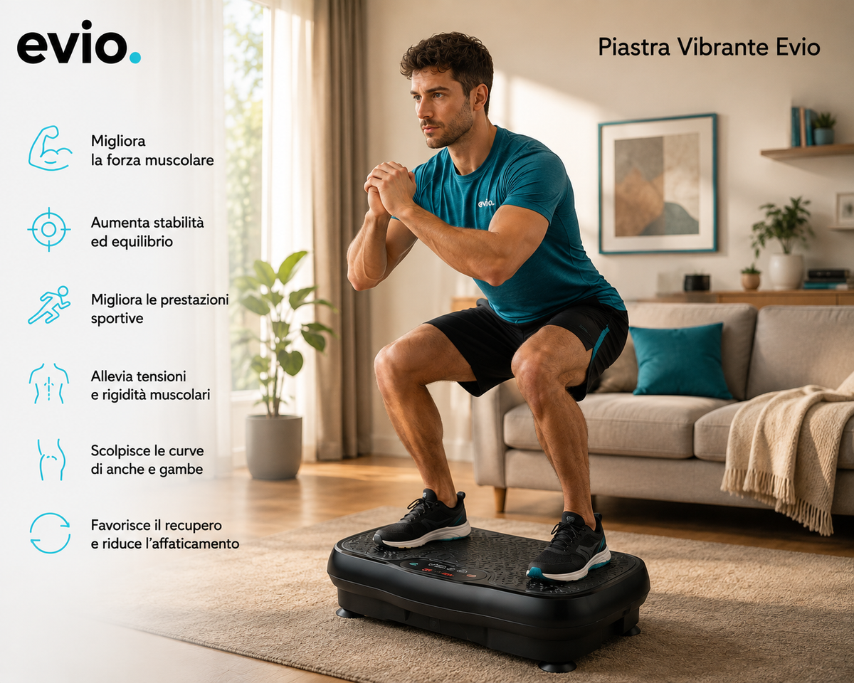 Uomo che fa squat sulla pedana vibrante evio