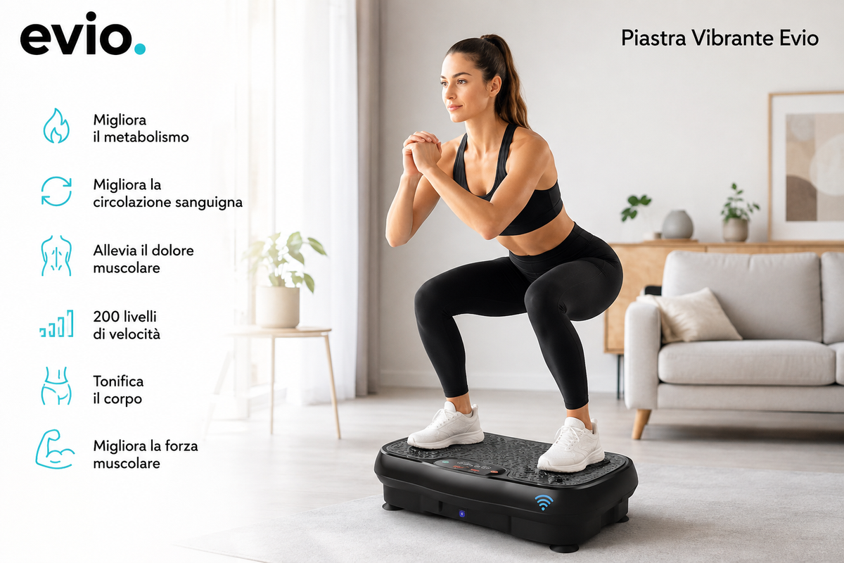 Donna che fa squat sulla pedana vibrante evio